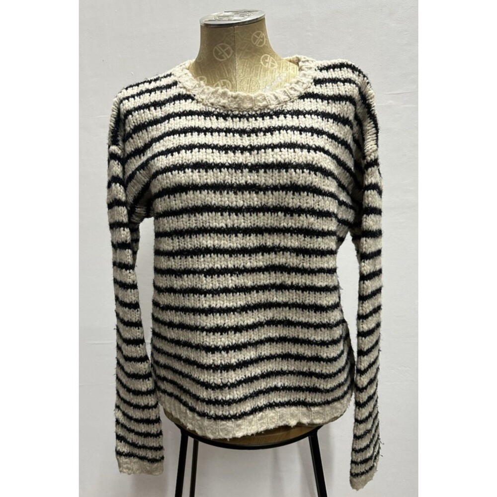 New Scotland women sz M wool nylon striped casual loose cut beige black sweater